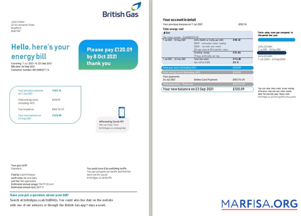 Blank United Kingdom British Gas utility bill template in Word and PDF format (2 pages), version 3